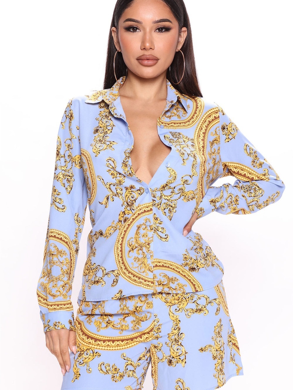 Fashion Nova Blue and Gold Baroque Print Button-Up Set - Picture 4 of 4